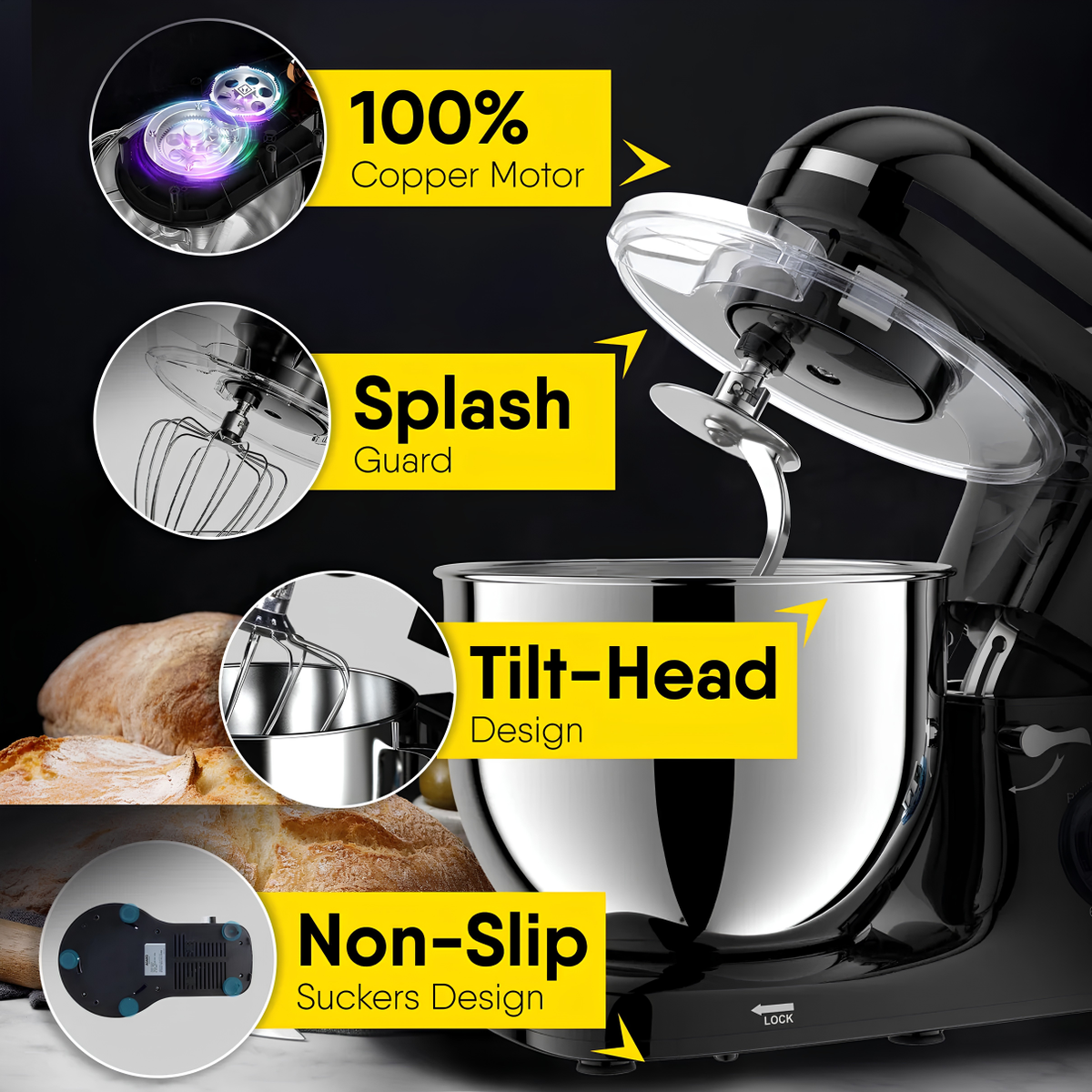 AGARO Imperial Stand Mixer, 1400W with 6L SS Bowl, 1.5L Blending Jar, 100% Copper Motor, Includes Blending Jar, Whisker, Beater, Black