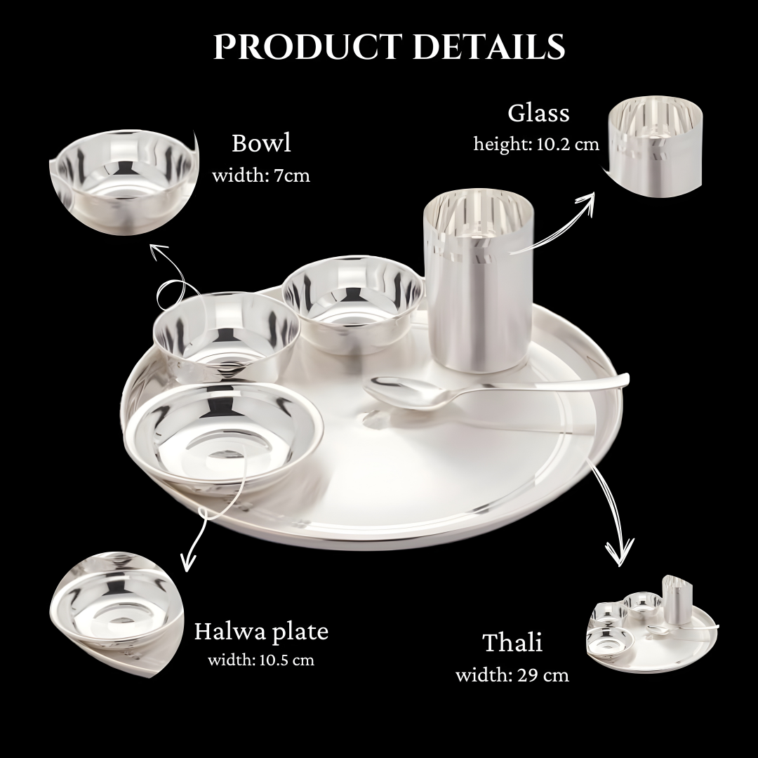 SILVERGLOW Stainless Steel Silver Dinner Set of 6 pcs, Pure-Silver Plated Luxury Dinnerware Set, Festival/Wedding Return Gift, Hotel, Restaurant Dining Set