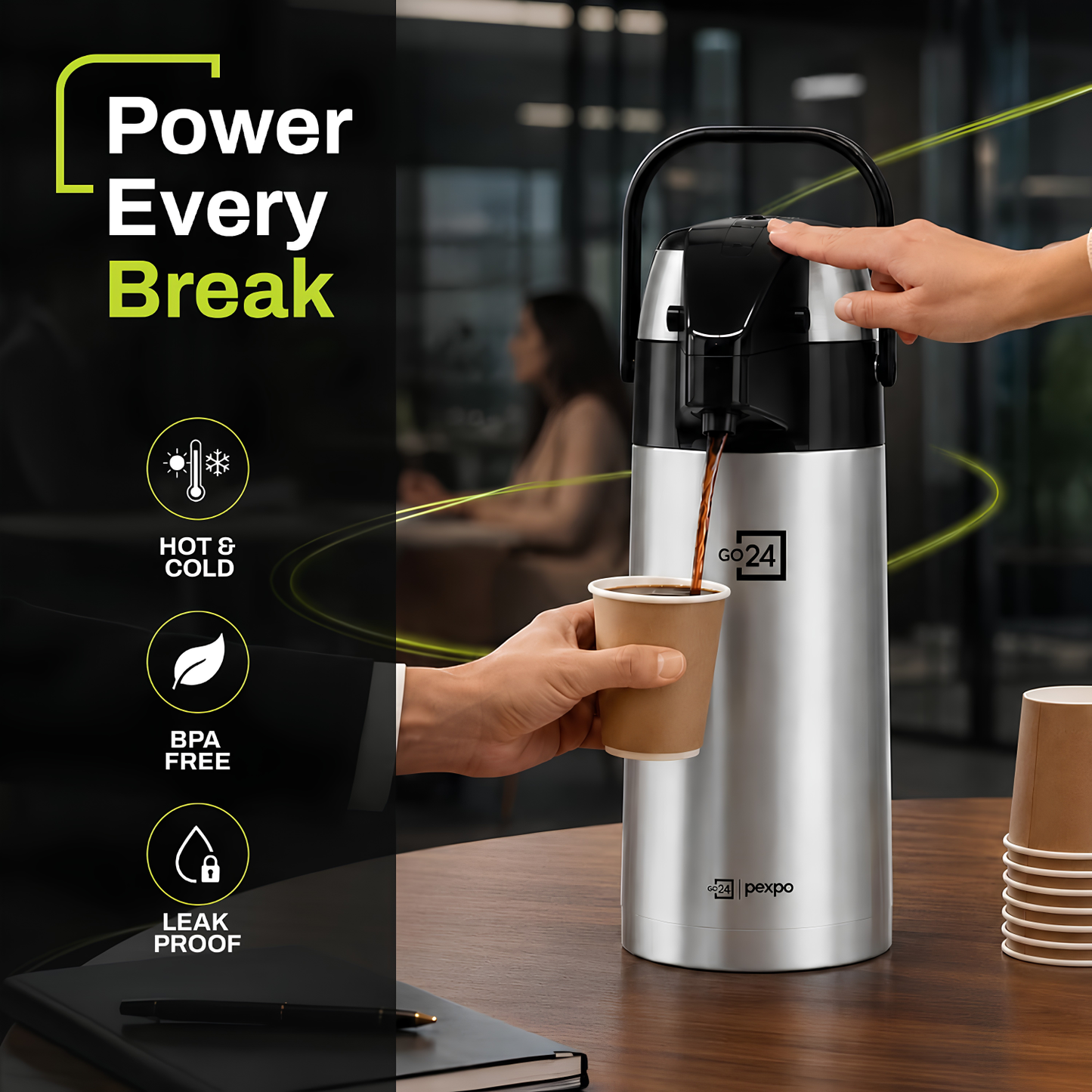 Go24 PEXPO AquaPort Stainless Steel Vacuum Insulated Beverage Dispenser with Pump | Hot & Cold | Double Wall | Sturdy Handle to Carry | Coffee/Tea Carafe - Silver