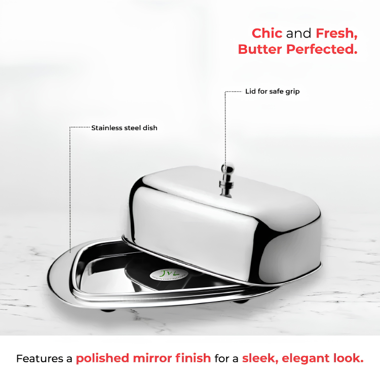 JVL Premium Stainless Steel Butter Dish | Mirror Polish | Hygenic