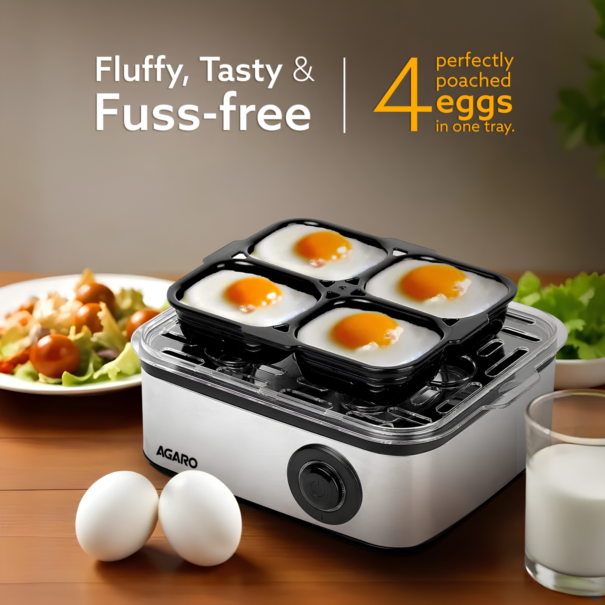 AGARO Grand Egg Boiler And Poacher, 2-in1 Boils 8 Eggs, Poach 4 Eggs, Steamed Vegetables, 3 Boiling Types, Stainless Steel Body, Transparent Lid, 500W, Silver