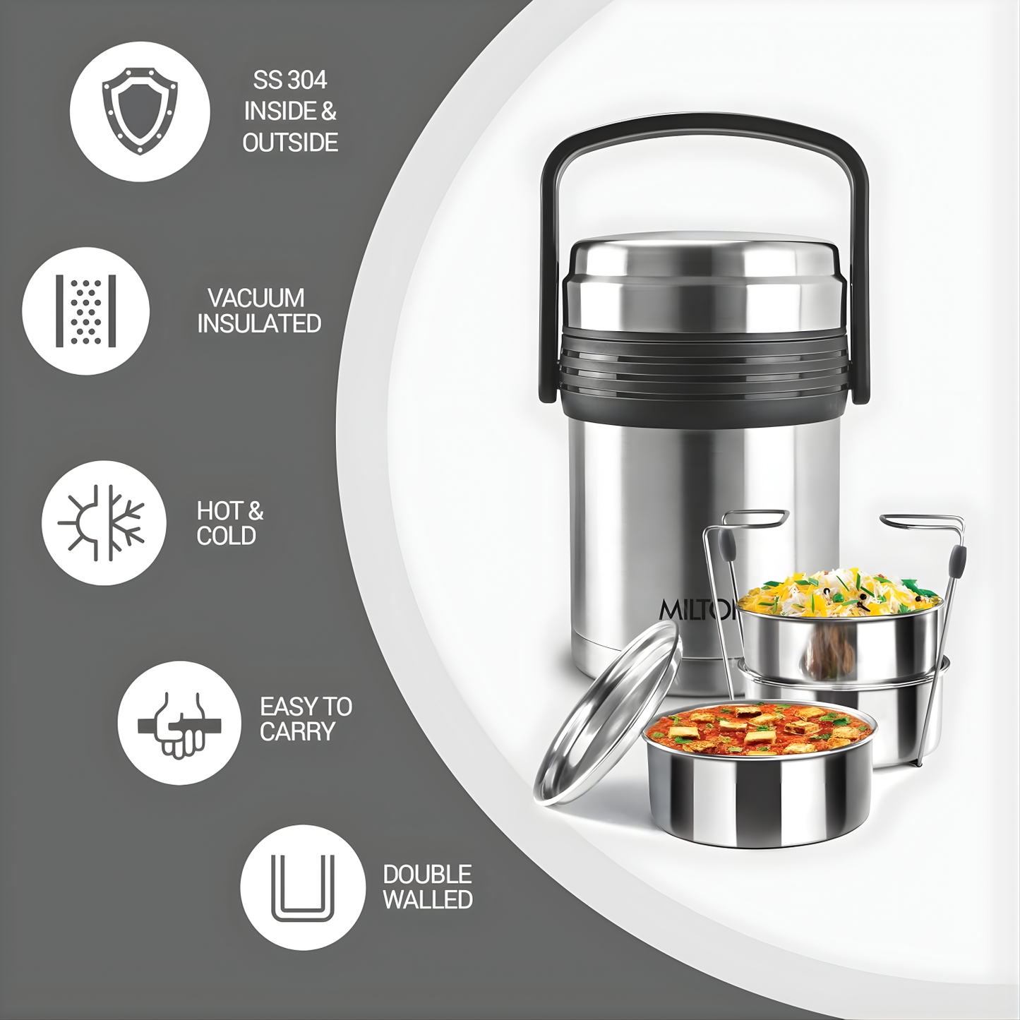 MILTON Galore Thermosteel Tiffin Set of 3 Containers, 370 ml Each | Carry Case | Easy to Carry | Hot & Cold | Rust Proof