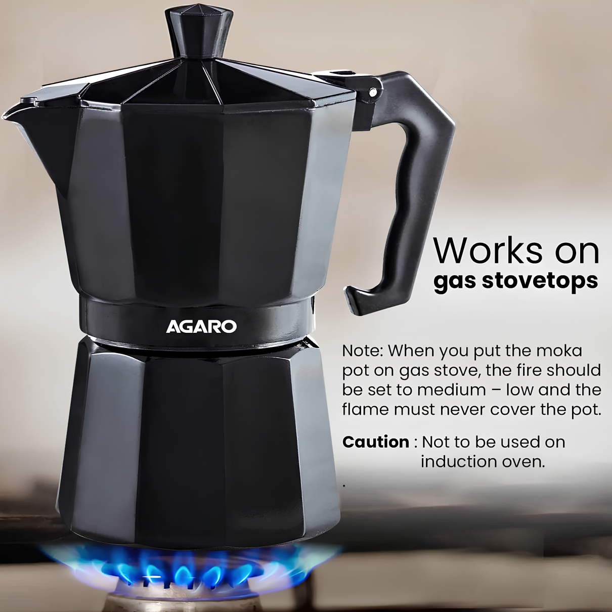 AGARO Classic Moka Pot - 240 ML - Black | Premium Aluminium Built | Italian Style Mocha | Cuban Café Brewing | Stove Top