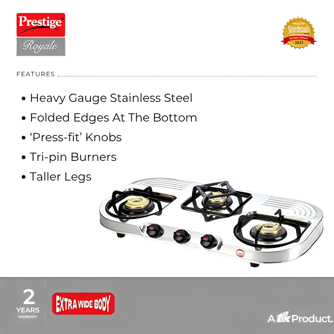 PRESTIGE Royal Stainless Steel Duplex 3 Burner Gas Stove | Extra Wide Body | Spill-proof Design | Brass Burners | Taller Legs | 2 Year Warranty