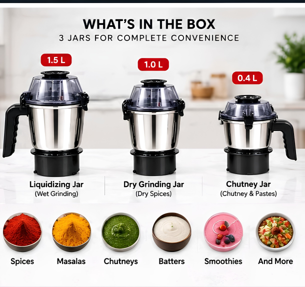 MILTON Gladiator 1000 W Mixer Grinder | Powerful Noiseless Motor with Double Ball Bearing | 3 Stainless Steel Jars with Metal Couplers | 3-Speed Control with Pulse | 120 Minutes Rating |5 Years Warranty on Motor|ISI Certified|Black