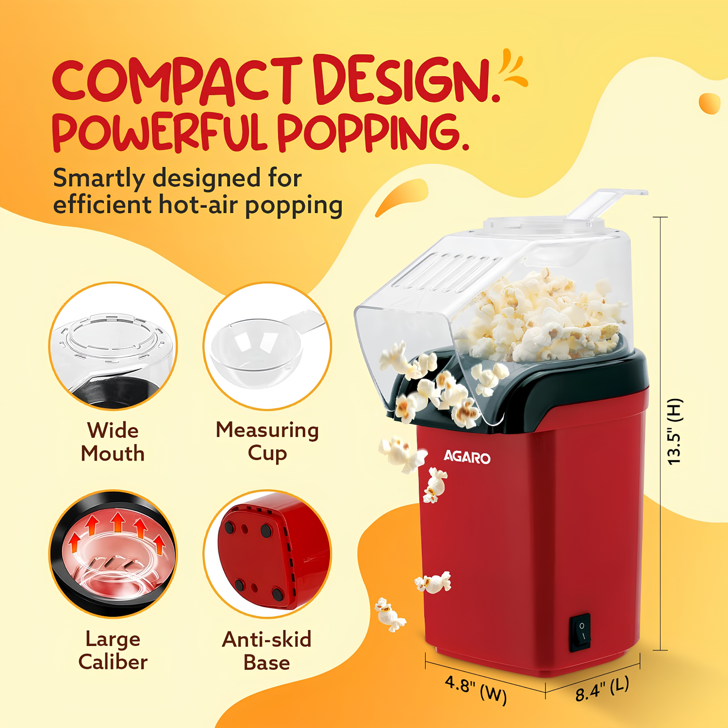 AGARO Delite Electric Popcorn Maker, 1200W Hot Air Popper, Oil-Free Healthy Snacks for Kids in 2 Minutes, 90% Popping Rate, Measuring Cup Included, Family Party, 1 Year Replaceable Warranty
