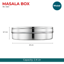 WINCHEF Premium Stainless Steel Masala Box With See Thru Lid | WC-1001 Plus | Dia 24 cm | 7 Octagonal Cups | 3 Spoons | Home & Kitchen