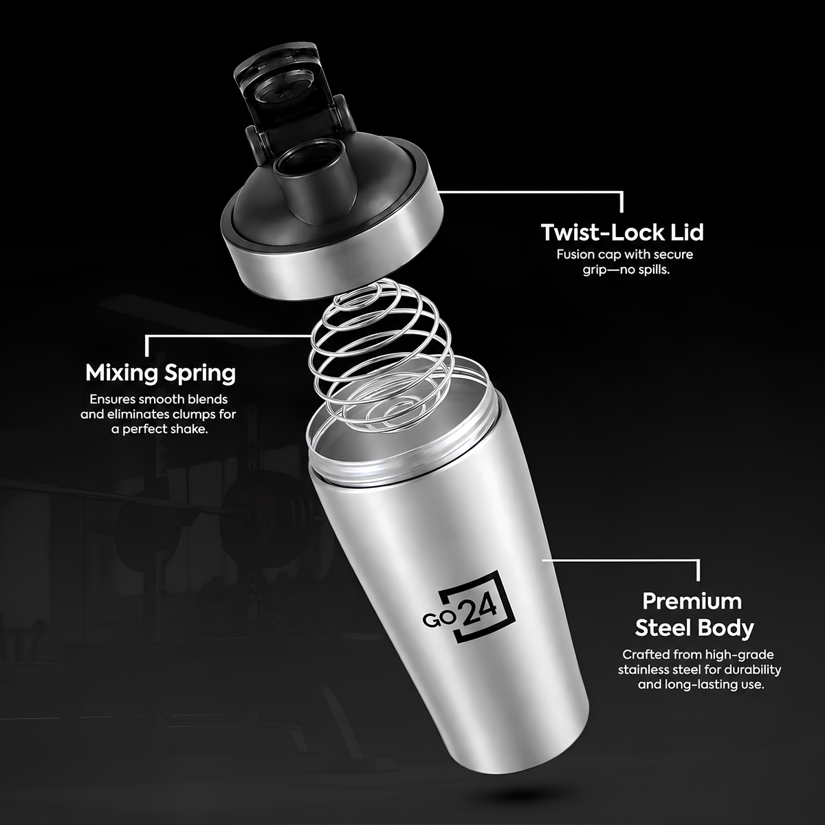 GO24 PEXPO Stainless Steel Gym Shaker Bottle Kayo Plus Silver 800ml | Lightweight single-wall water bottle with leakproof lid, BPA-free, ideal for school, office, gym, travel & daily hydration