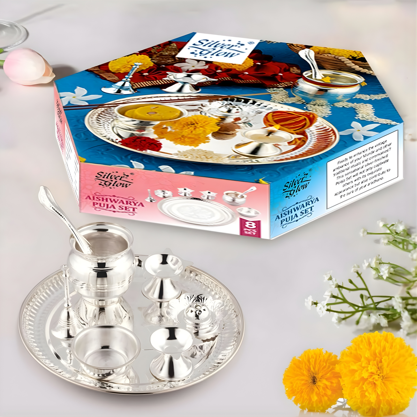 SILVERGLOW Arpan Pooja Set | Silver Plated Puja Thali Set | Festival Ethnic Puja Aarti set | Diwali, Office, Mandir, Wedding/Return Gift Item of 9 Pieces
