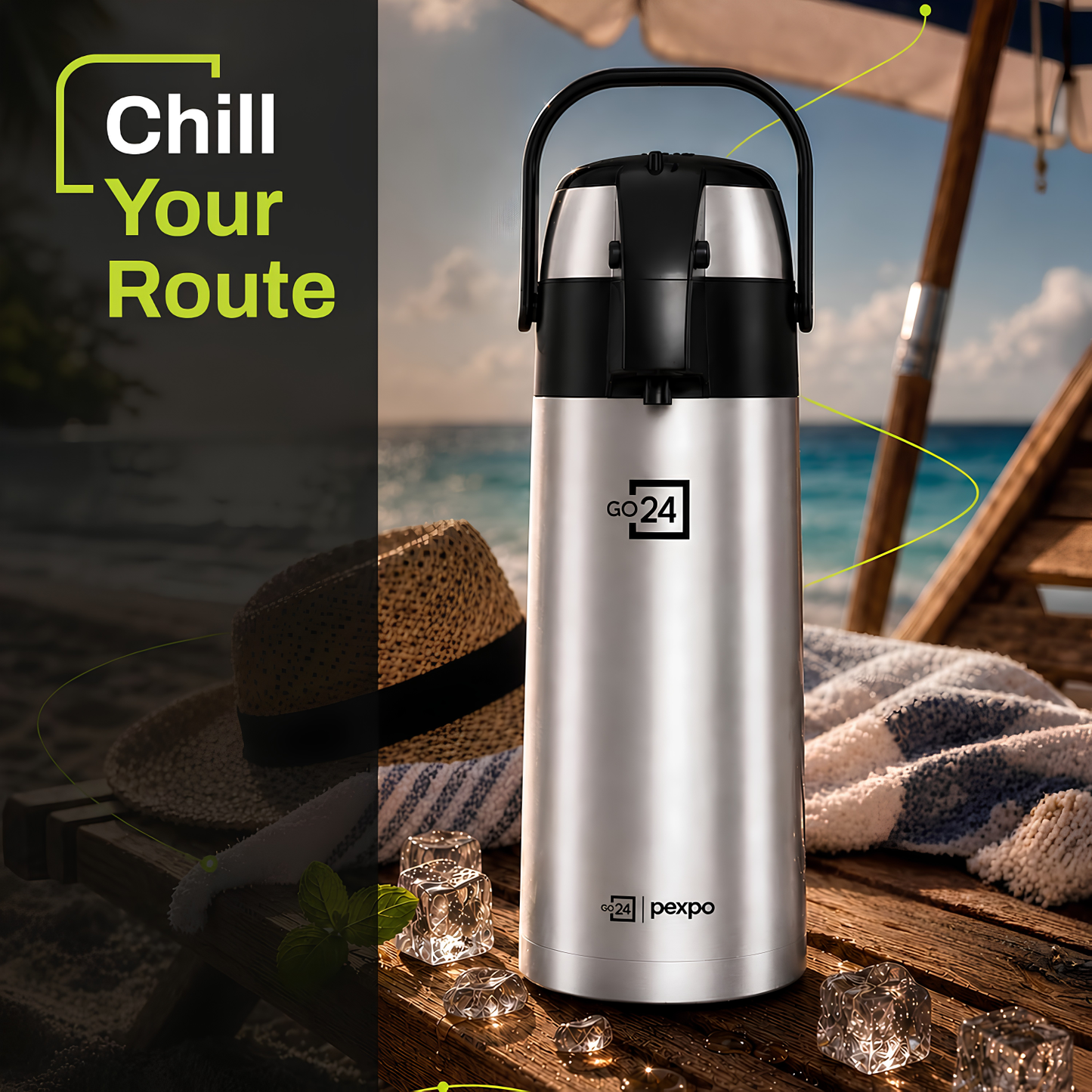 Go24 PEXPO AquaPort Stainless Steel Vacuum Insulated Beverage Dispenser with Pump | Hot & Cold | Double Wall | Sturdy Handle to Carry | Coffee/Tea Carafe - Silver