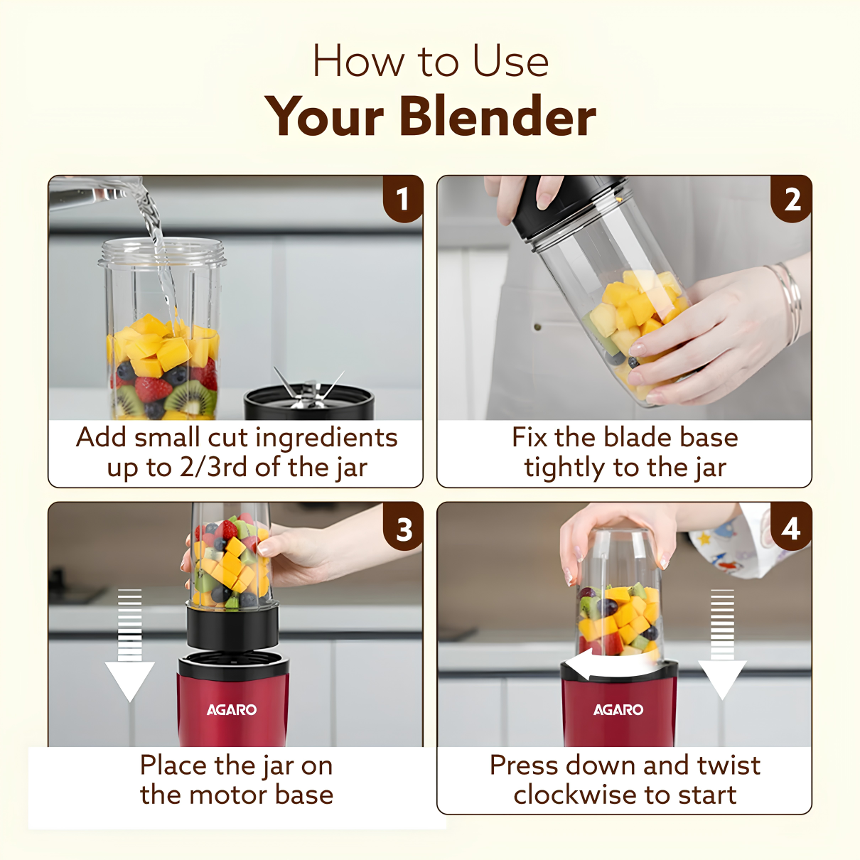 AGARO Regal Blender with 3 Jars | 400 Watts Personal Blender with 100% Copper Motor | Stainless Steel Blades | Smoothie Maker, Masala Grinder, Use for Milkshakes, Juices & Chutney | Red