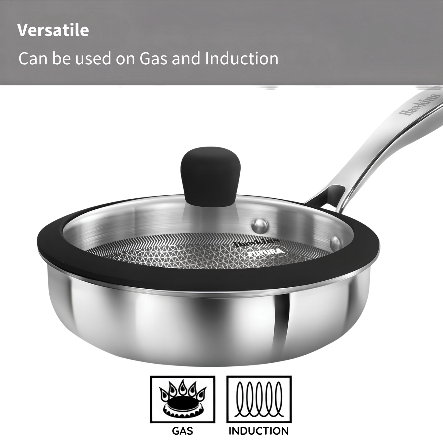 HAWKINS 18 cm Tri-ply Shielded Stainless Steel Non-Stick Pro Frying Pan | Induction & Gas Compatible | Even Heating | with Glass Lid | Silver (PSNF18G)