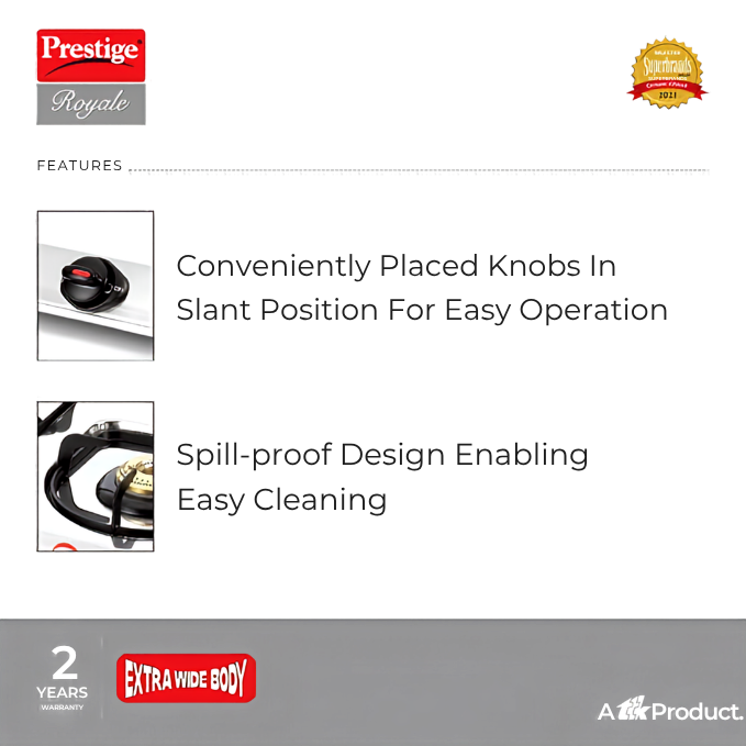 PRESTIGE Royal Stainless Steel Duplex 3 Burner Gas Stove | Extra Wide Body | Spill-proof Design | Brass Burners | Taller Legs | 2 Year Warranty