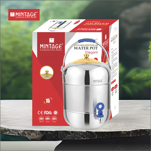 MINTAGE Elegant Dual Tone Stainless Steel Water Pot With Tap & Handle | Golden PVD Lid | 10 Ltr