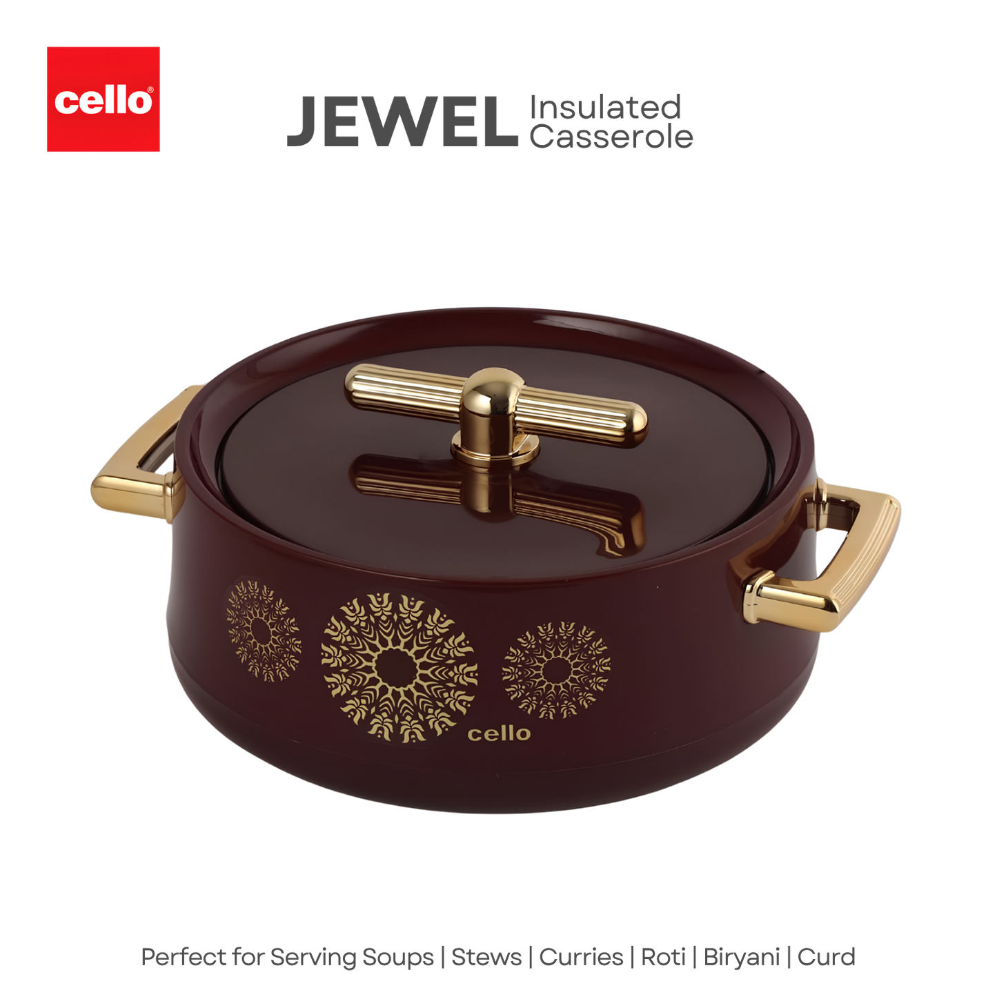 CELLO Jewel NX Insulated Casserole Set of 3 Pcs (500 ml, 1000 ml, 1500 ml) | Color: Burgundy | Double Wall Insulated Hot Pot |  Keeps Food Hot & Warm for Long Hours | Gifting