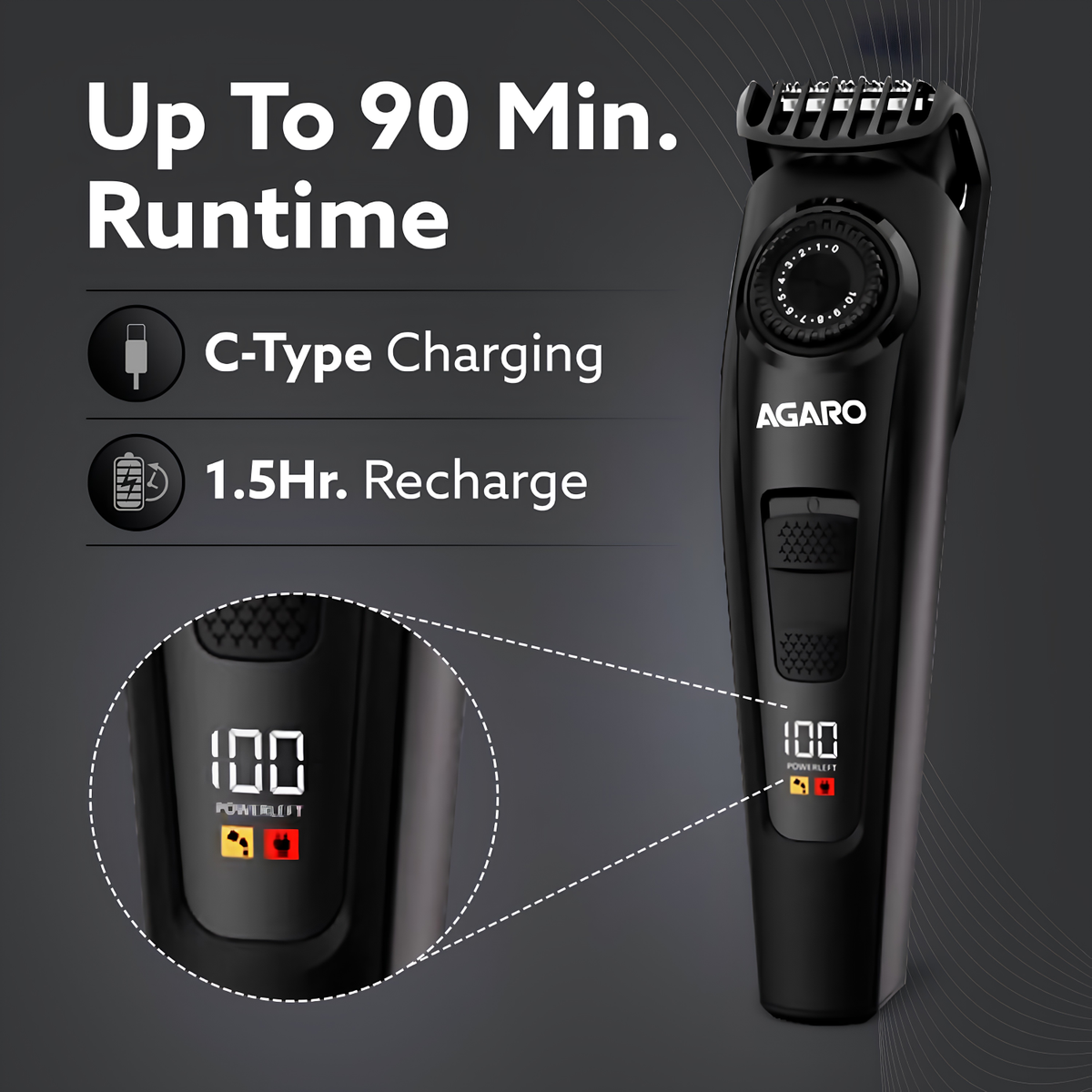 AGARO Beard Trimmer MT1122, 10 Length Settings with digital display USB rechargeable multifunctional for home and travel