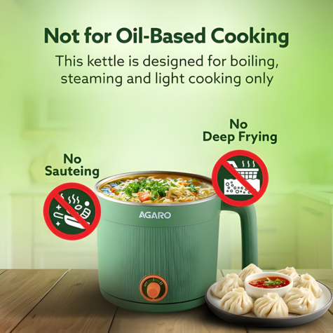 AGARO Regency Multi Cook Kettle With Steamer - 1.2 Litres - Sea Green | Boiling, Steaming, Tea, Coffee, Egg, Vegetable Boiling, 600 W