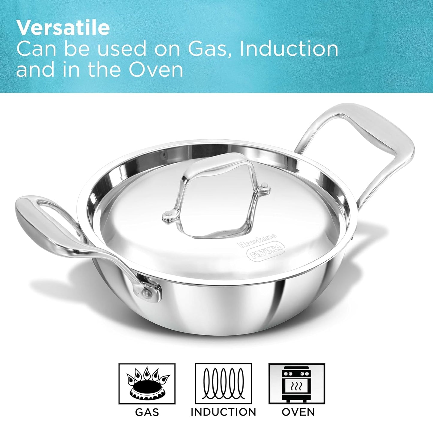 HAWKINS Pro Deep-Fry Pan | Triply Stainless Steel Kadhai with Steel Handles and Steel Lid | Silver