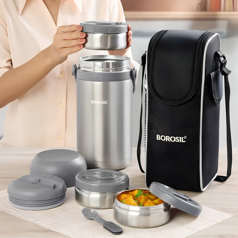 BOROSIL Hot-N-Fresh Stainless Steel Insulated Lunch Box, 3 Containers (1pcs 360 ml + 2pcs 410 ml), Grey