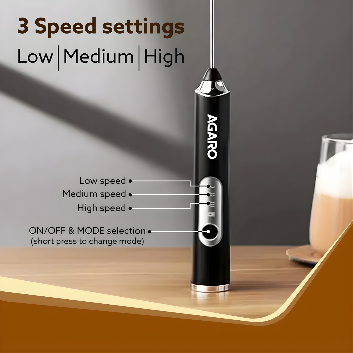 AGARO Royal Milk Frother, 3-Speed Electric Frother for Coffee with Whisk and Frother, Frother Mixer, Stand-up Design, for Cream (Whisk Milk frother), Rechargeable, Stainless Steel
