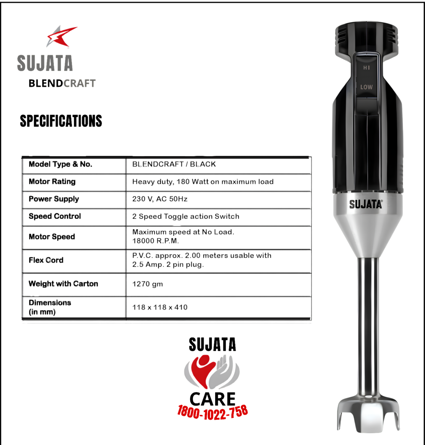 SUJATA Blendcraft Hand Blender|180 Watts Motor|18000 RPM|2 Speed Toggle Action Switch|Super Quick Blending| (Black)