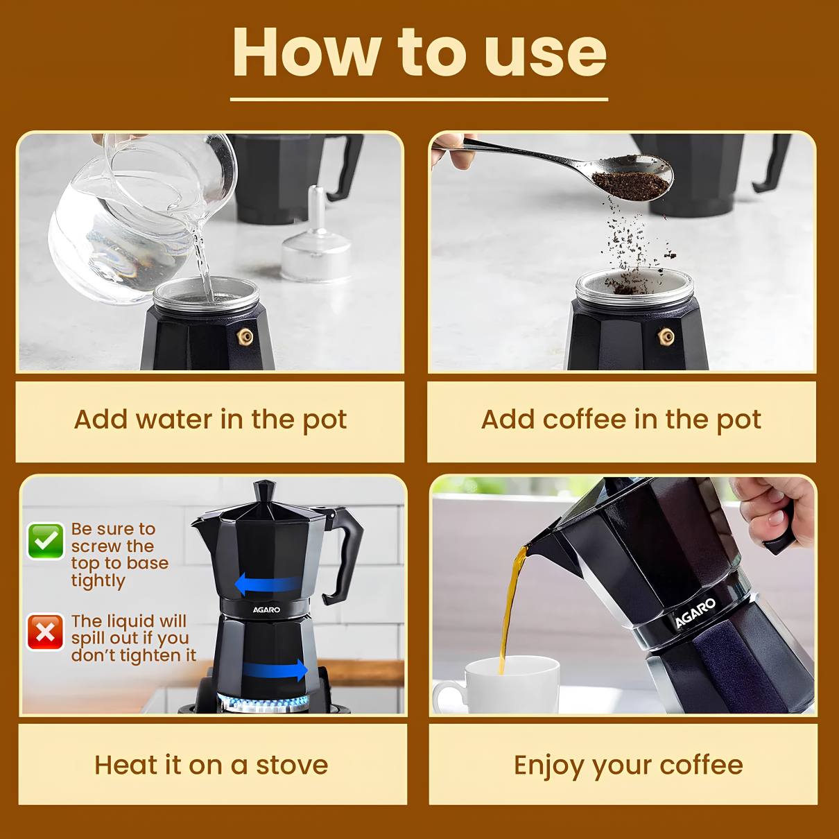 AGARO Classic Moka Pot - 240 ML - Black | Premium Aluminium Built | Italian Style Mocha | Cuban Café Brewing | Stove Top