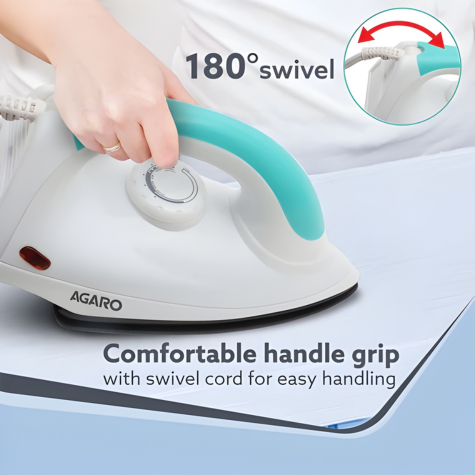 AGARO Grand Electric Dry Iron, 1000W, Non- Stick Coated Sole Plate, Fast Heating, Removes Wrinkle, Creases, Green & White