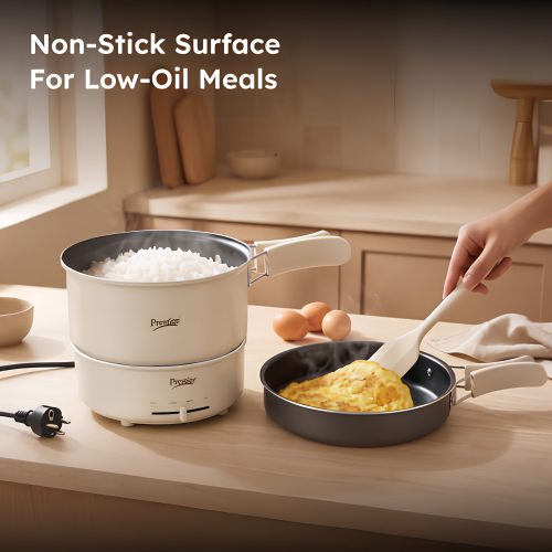 PRESTIGE Electric Omnipot | 1000W Electric Cooking Pan & Fry Pan with Lid | Steam Vent | Temperature Control Slider | Cool-Touch Foldable Handles | Detachable Power Cord | Compact Design | 1Year Warranty | Travel Accessories