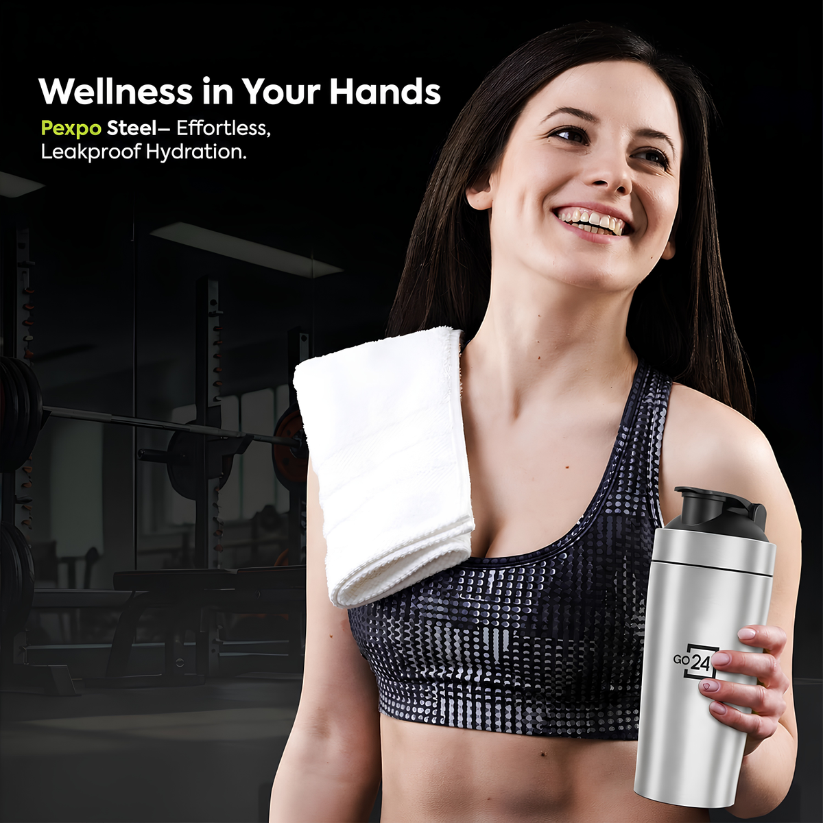 GO24 PEXPO Stainless Steel Gym Shaker Bottle Kayo Plus Silver 800ml | Lightweight single-wall water bottle with leakproof lid, BPA-free, ideal for school, office, gym, travel & daily hydration
