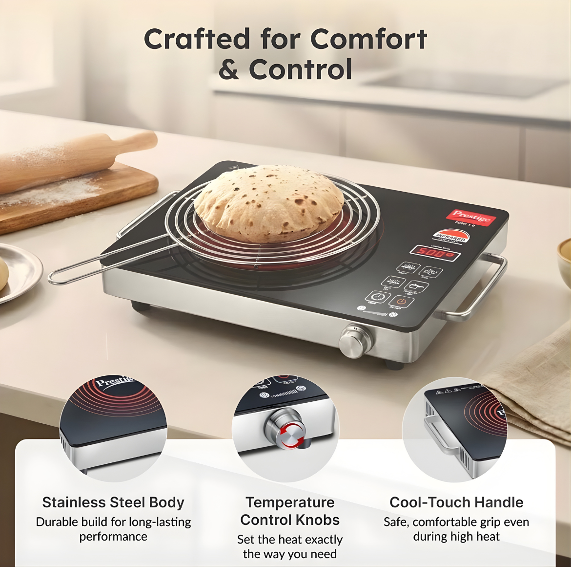 Prestige Infrared Cooktop PIRC 1.0 | 2200-watt heating element, Stainless Steel & Ceramic | Adjustable Temperature Control | Cool Touch Handle | Induction Cooktop Style | 1-Year Warranty