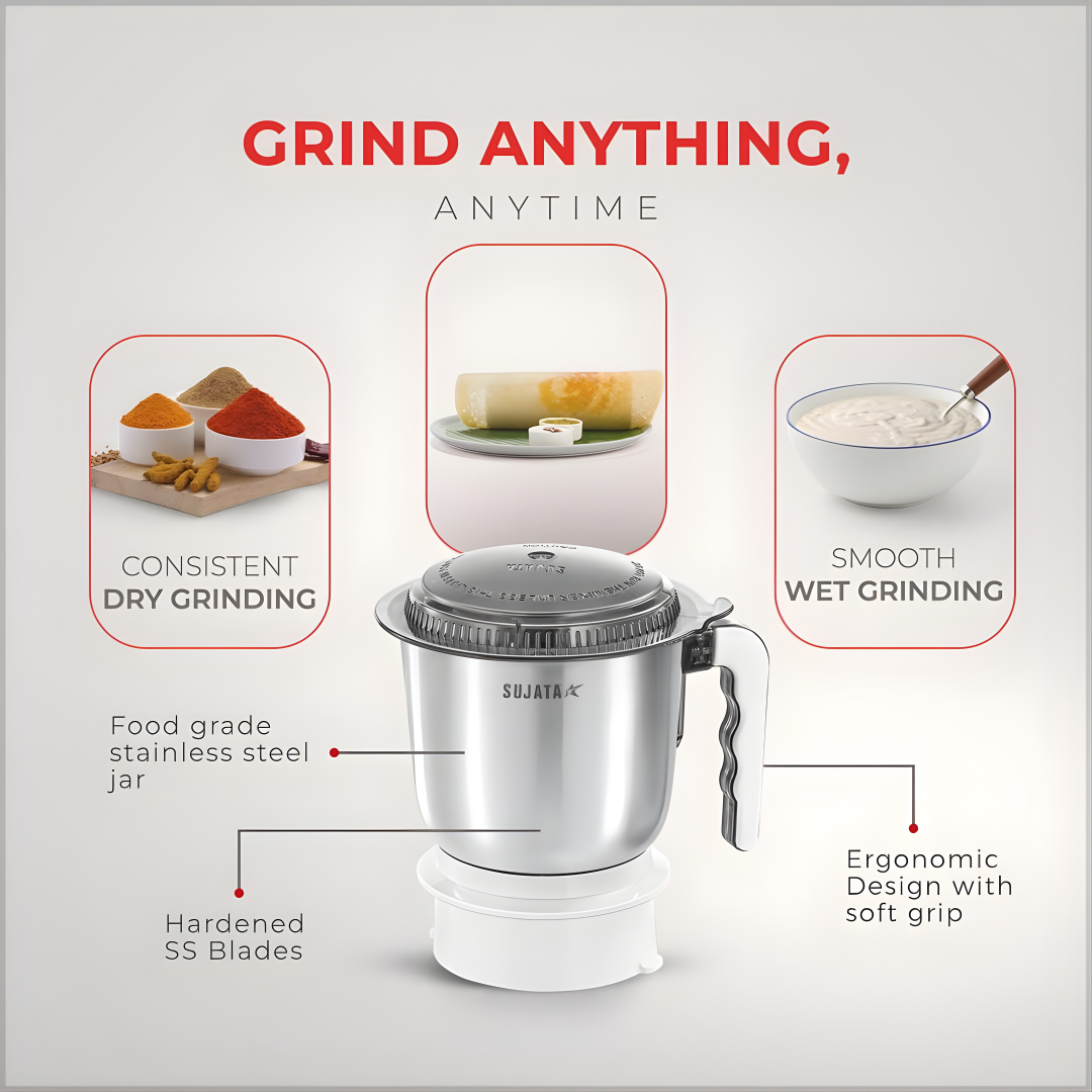 SUJATA Supermix Mixer Grinder|900 Watts Double Ball Bearing Motor|22000 RPM|Non-Stop 90 Mins Running|3 Jars including 1750 ml Blender, 1000 ml Grinder, 500 ml Chutney Jar| White