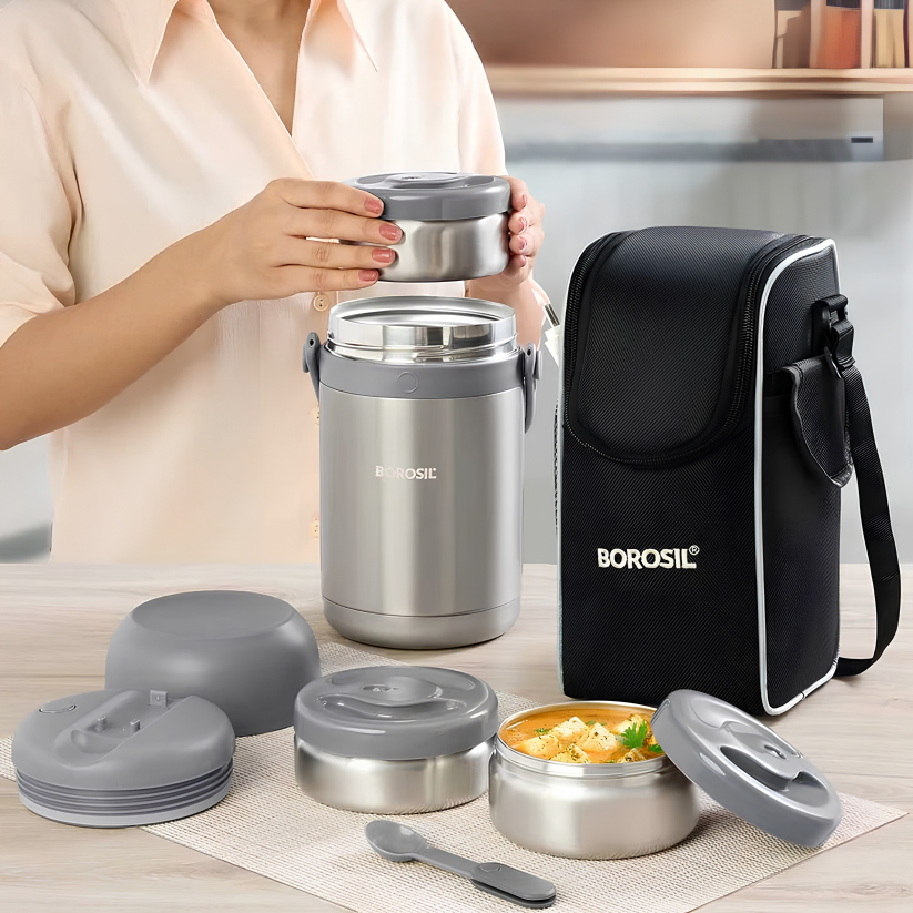 BOROSIL Hot-N-Fresh Stainless Steel Insulated Lunch Box, 3 Containers (1pcs 360 ml + 2pcs 410 ml), Grey