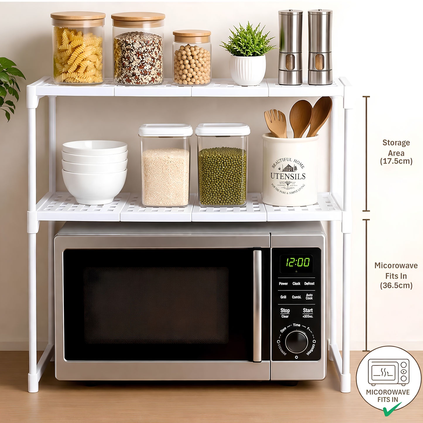 NAYASA Multifunctional Microwave Oven Stand | 2-Tier Heavy-Duty Kitchen Rack | Stainless Steel Rod Organizer Shelf | Space-Saving Storage for Microwave, Oven & Kitchen Essentials | White