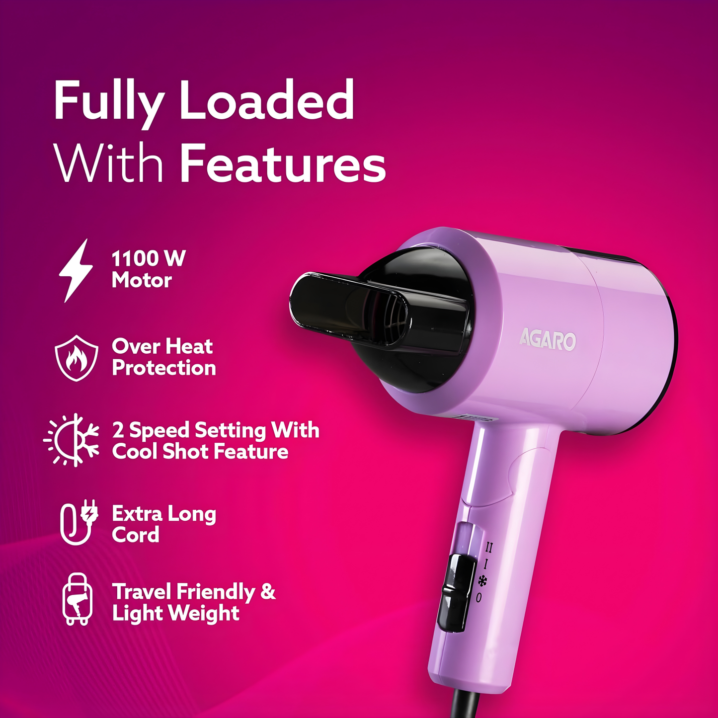 AGARO HD-1211 Hair Dryer 1100 Watts, 2 Heat Speed and Cool Mode, Foldable (Compact in Size), Purple