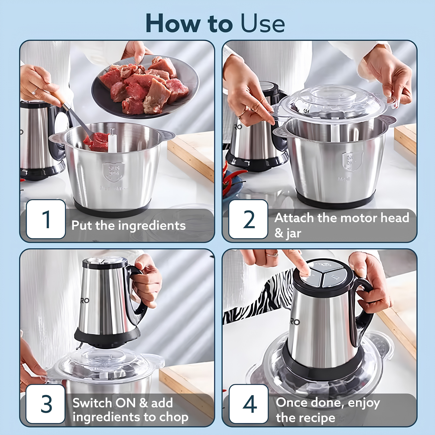 AGARO Delite Vegetable, Meat & multipurpose Chopper Cum Whisker for Kitchen | Garlic Peeler | Egg Whisker, 2 Ltr Bowl | 400 W Motor | 3 Speed | Stainless Steel Body