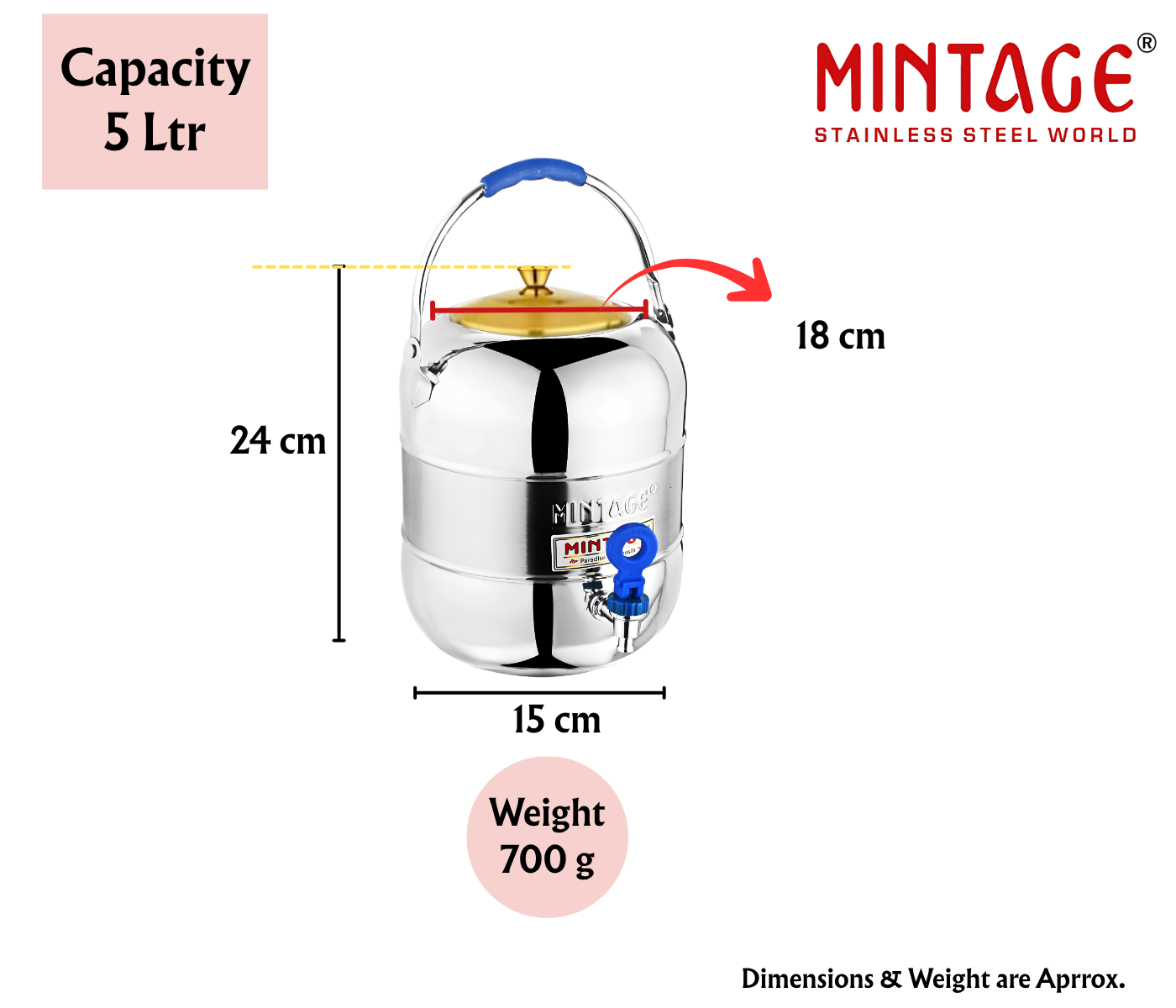 MINTAGE Elegant Dual Tone Stainless Steel Water Pot With Tap & Handle | Golden PVD Lid | 10 Ltr