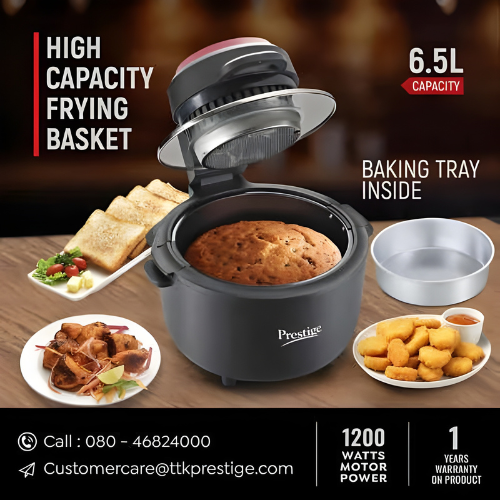 Prestige Multi-Chef All-in-One Air Fryer | 80% less Oil Consumption | 6.5 Ltr Capacity | 1200 Watts Power | Fry, Toast, Grill | See Through Lid | Advance Digital Display | Even Heat Distribution | Black