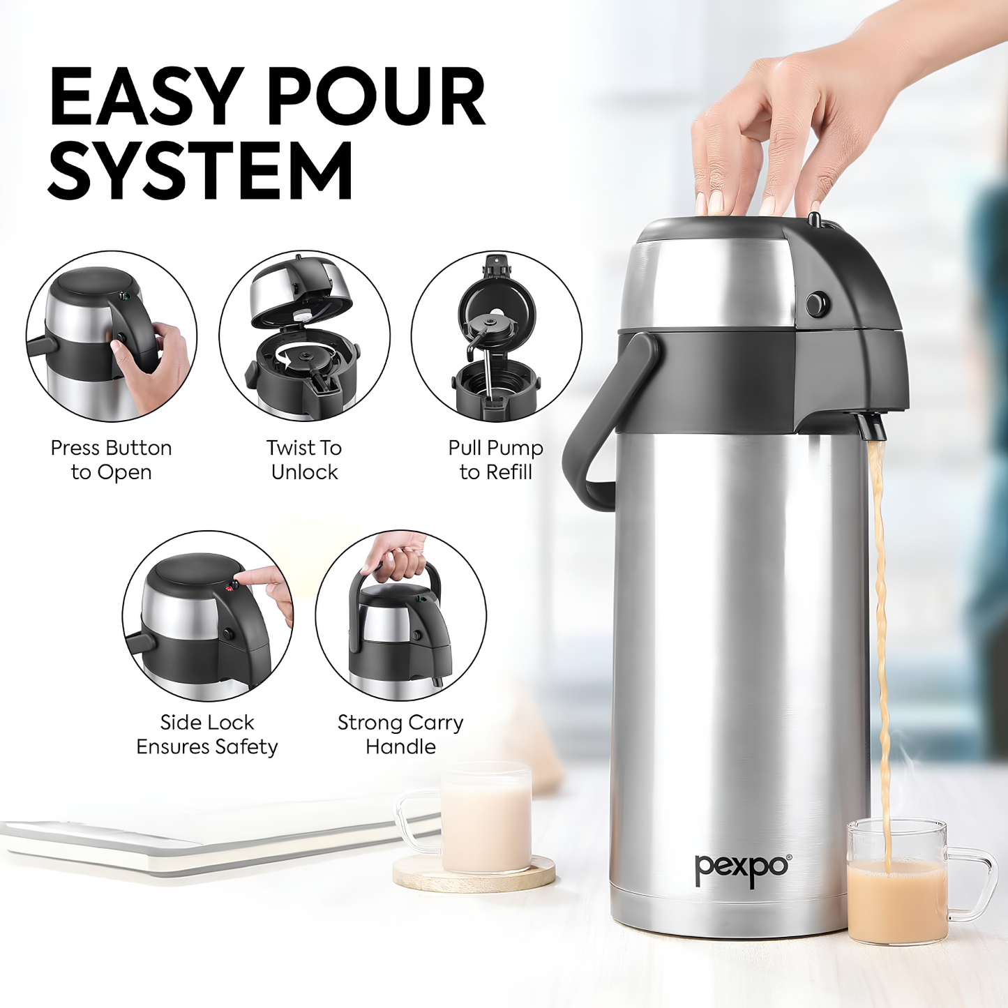 Go24 PEXPO AquaPort Stainless Steel Vacuum Insulated Beverage Dispenser with Pump | Hot & Cold | Double Wall | Sturdy Handle to Carry | Coffee/Tea Carafe - Silver