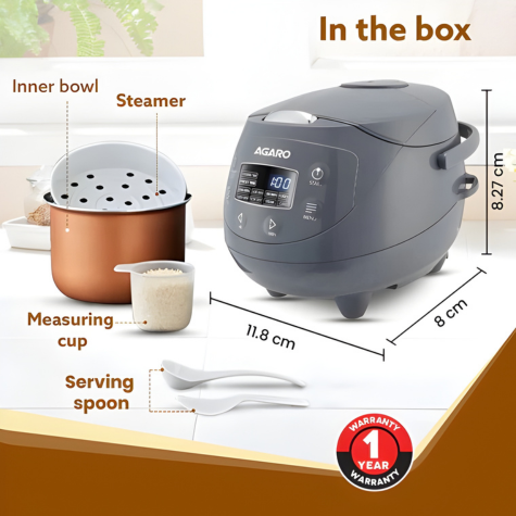 AGARO Imperial Electric Rice Cooker - 2L - Grey | 8 Preset Cooking Function | Advanced Fuzzy Logic | 24Hrs Keep Warm Function | 350 W