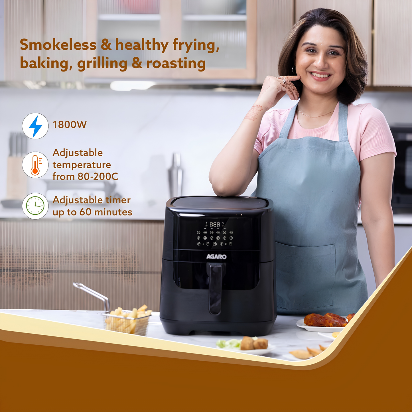 AGARO Digital Air Fryer, 6.5 Ltr | 12 Preset Cooking Modes | 360 Degrees Air Circulation With Variable Temperature Settings | Frying, Grilling, Toasting, Roasting, 1800 W, Black.