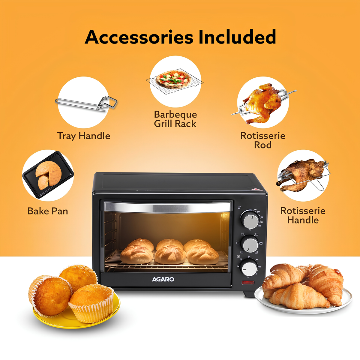 AGARO Marvel Oven Toaster Griller, 25 Littre’s, Motorised Rotisserie, Adjustable Temperature, 5 Heating Modes & Timer, Cake Baking, Roasting, Grilling, OTG (Black)