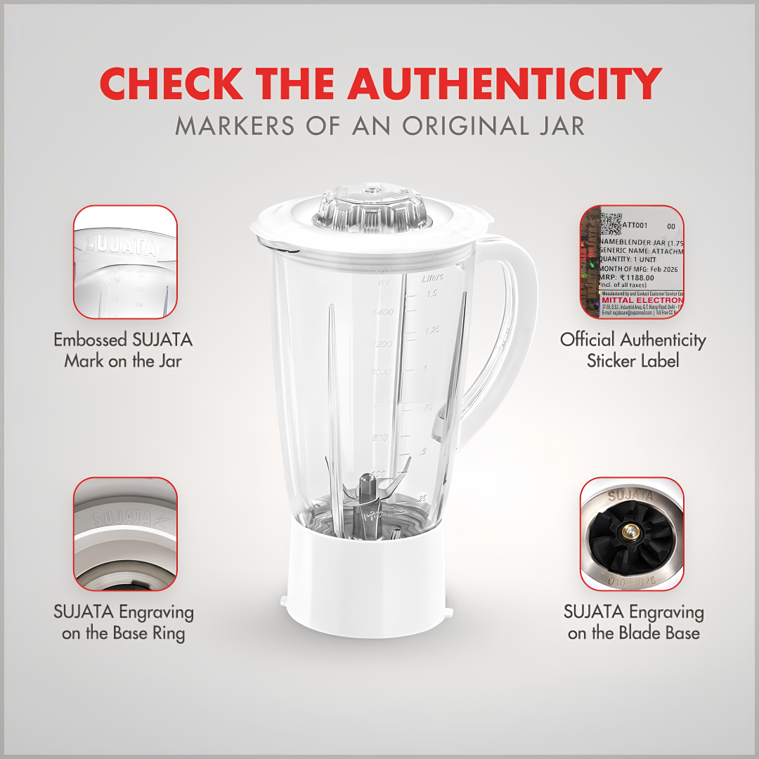 SUJATA 1750 ml Blender Jar | Compatible with all 900W Mixer Grinders |Unbreakable Transparent Liquidizer, Stainless Steel Blades | Ergonomic Handle |Perfect for Smoothies, Milkshakes & Juices | White
