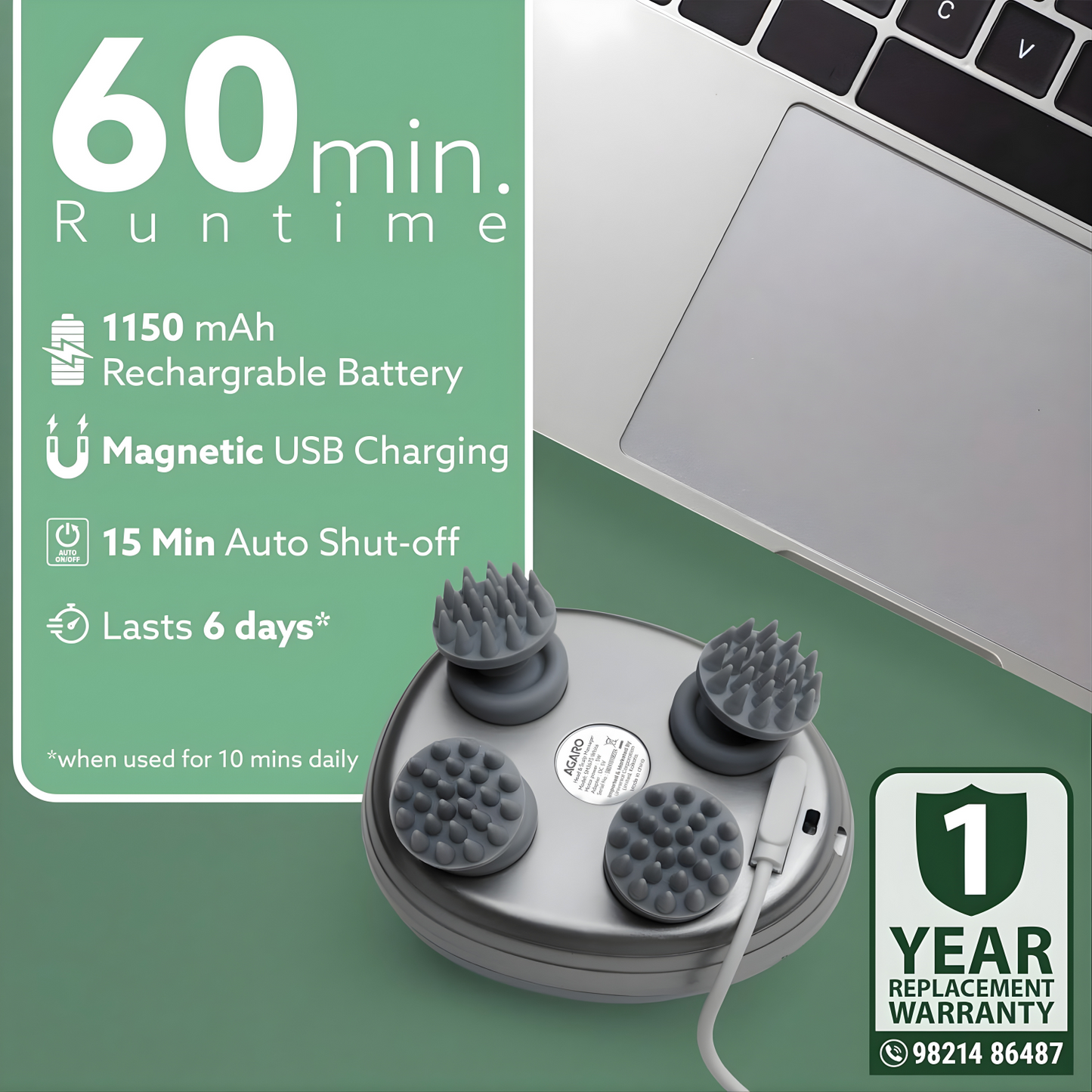 AGARO Scalp Massager, Rechargeable Electric Head Kneading Massager, 3 Speed Modes, Handheld Portable Head Scratcher Massager for Hair Growth, Deep Clean & Stress Relax, SM3675