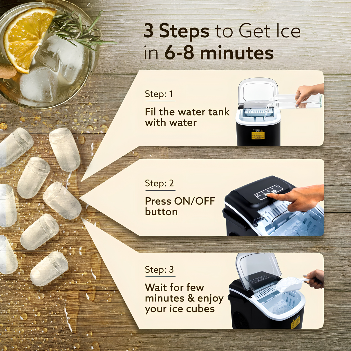 AGARO Marvel Ice Maker | Compact Ice Maker | 1.2 L water Tank | 9 Pcs bullet Ice Cube at a time | Plastic Body