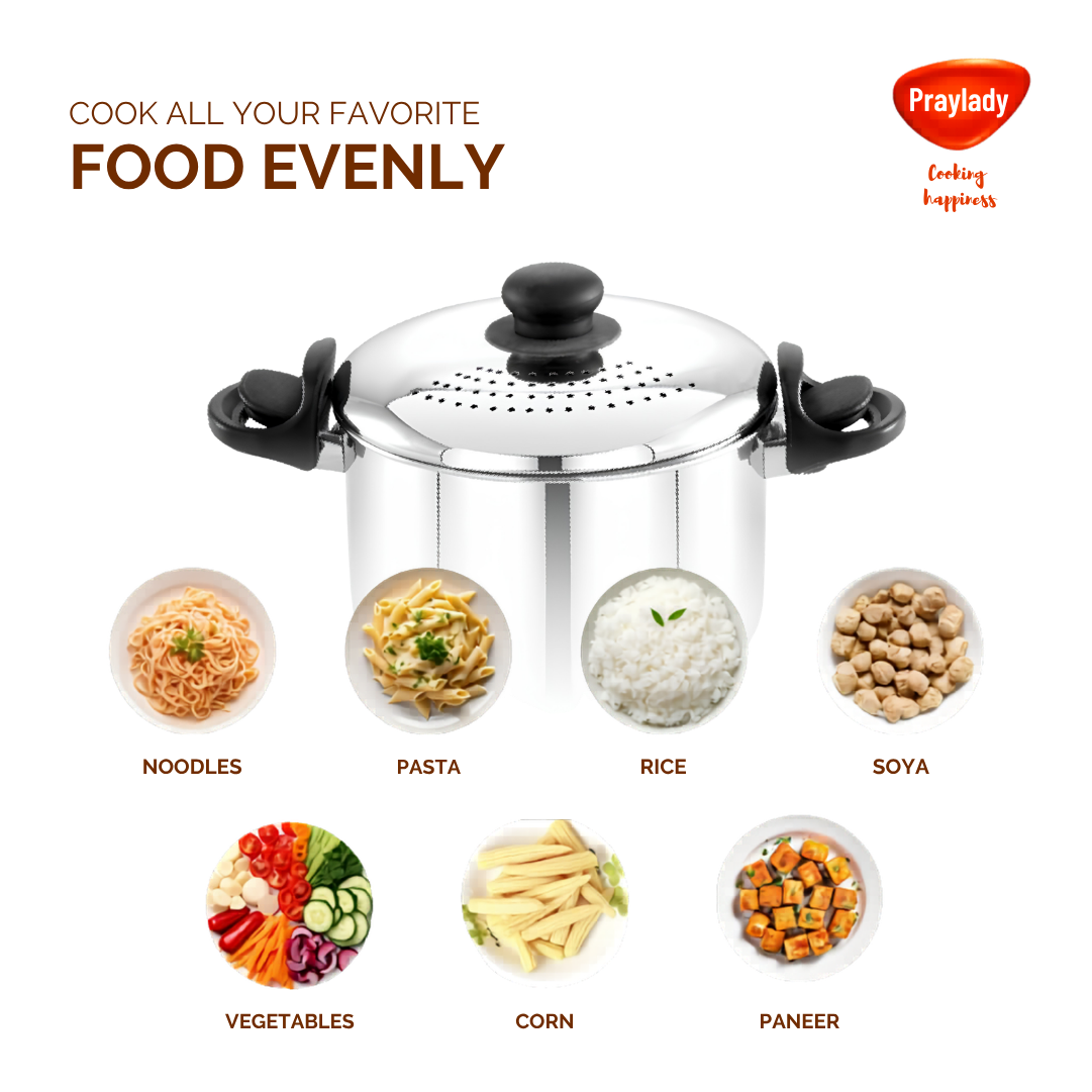 Praylady Stainless Steel Strainer Pot | Anti-Locking Glass Lid | Multi-Purpose Pasta, Rice & Noodle Pot | Large Family Pot | Induction & Gas Compatible