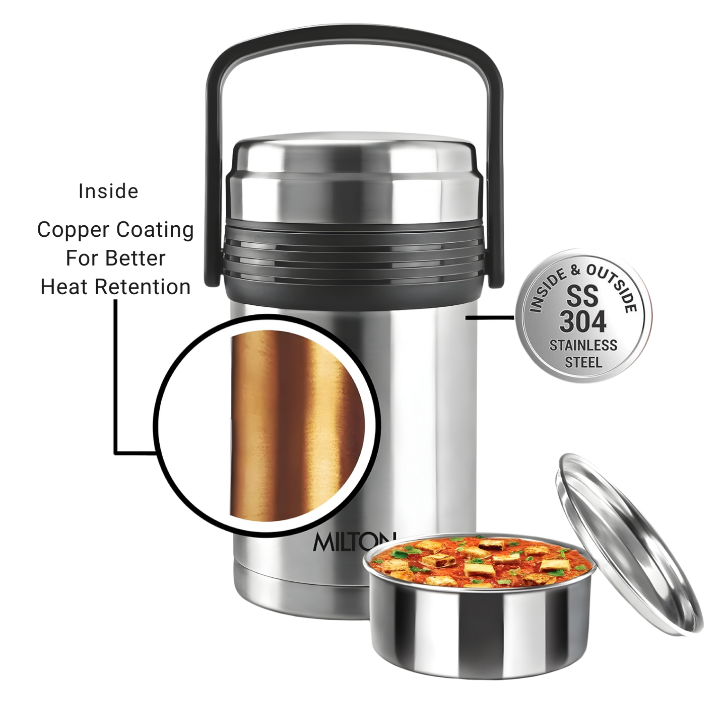 MILTON Galore Thermosteel Tiffin Set of 3 Containers, 370 ml Each | Carry Case | Easy to Carry | Hot & Cold | Rust Proof