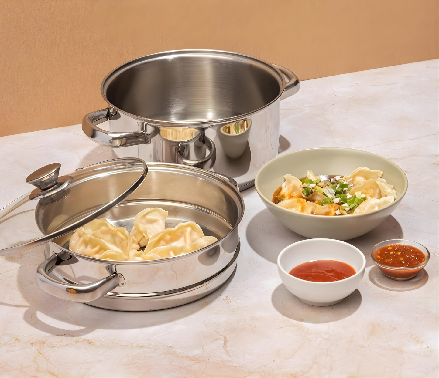 VINOD 2 Tier Stainless Steel Steamer for Kitchen with Glass Lid | 2.5 mm Thick Base | For Momos, Idli, Vegetables & More | Riveted Strong Handles | Induction & Gas Base