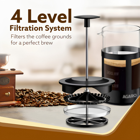 AGARO Delite French Press Coffee And Tea Maker, Borosilicate Glass Body With Sleeves, Glass Carafe, BPA Free Plastic Lid Strainer, 600Ml