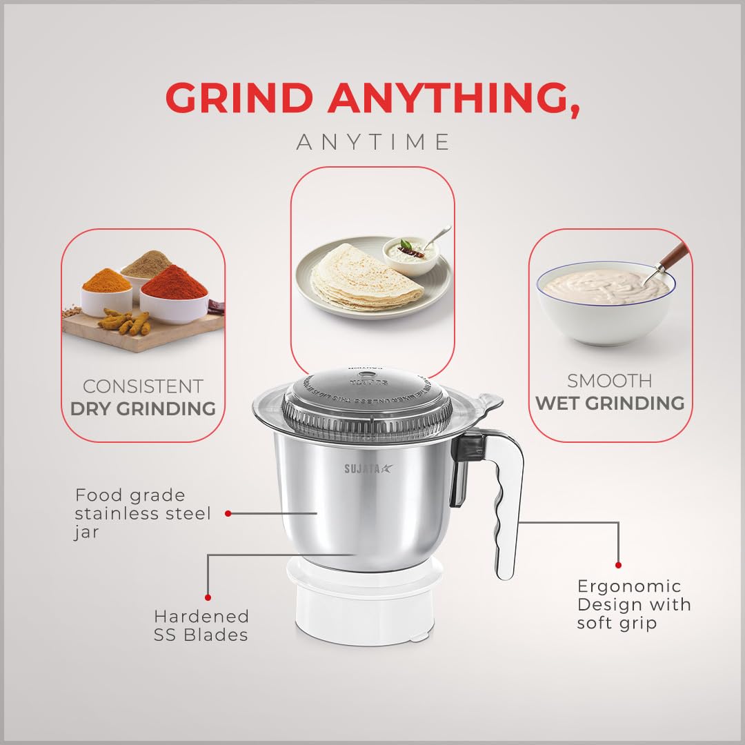 SUJATA Supermix Mixer Grinder|900 Watts Double Ball Bearing Motor|22000 RPM|Non-Stop 90 Mins Running|3 Jars including 1750 ml Blender, 1000 ml Grinder, 500 ml Chutney Jar| White