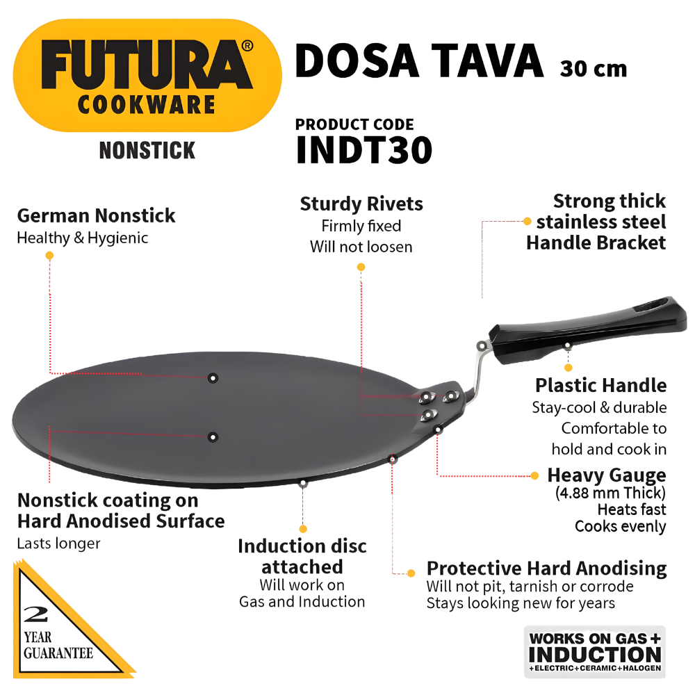 FUTURA Hawkins 30 cm Dosa Tava, Non Stick Dosa Tawa, Induction Compatible, (INDT30)